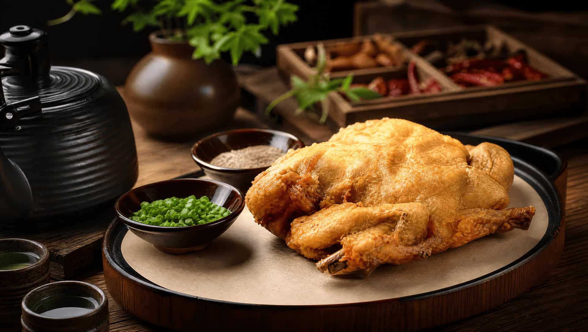 Gourd chicken (huluji), a whole Tang-dynasty banquet chicken deep-fried golden and served whole