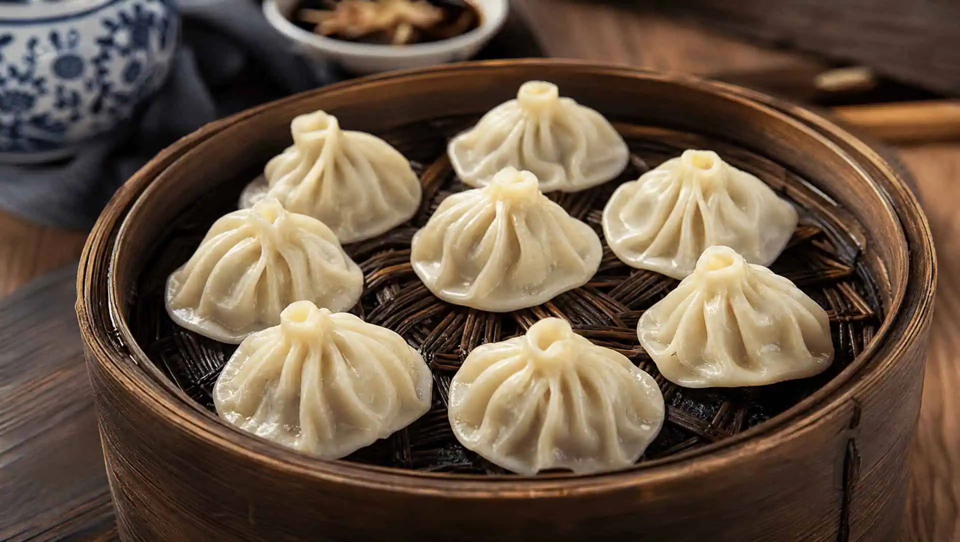 Soup-filled buns steaming in a bamboo basket