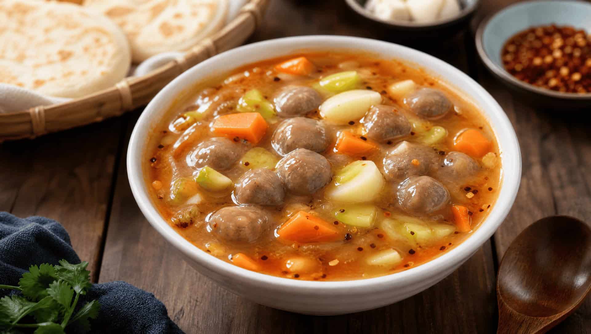 A morning bowl of peppery hulatang with meatballs