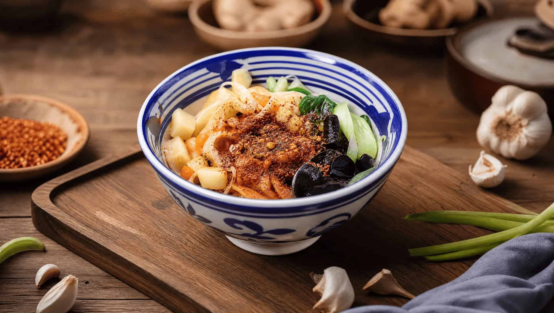 Oil-splashed noodles (youpomian) — wide wheat noodles with chili oil bloomed by hot oil