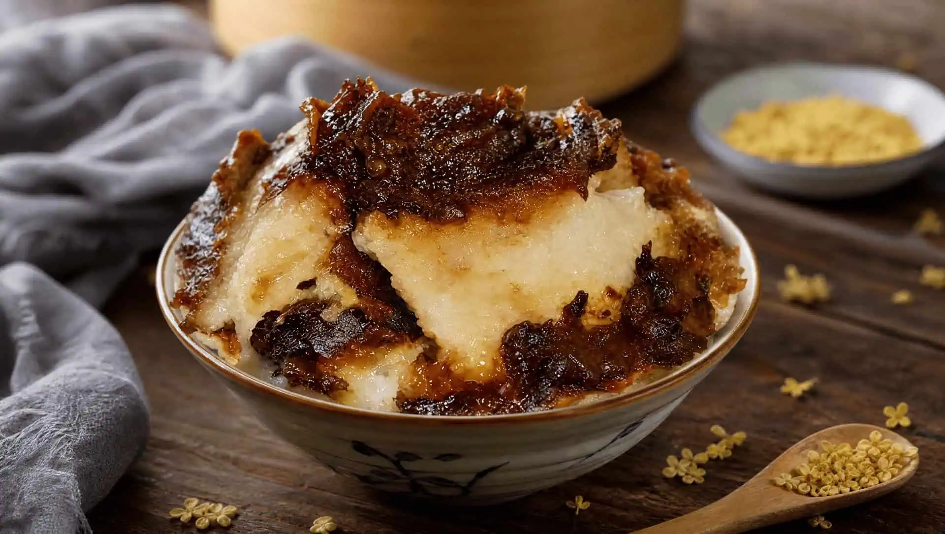 Steam rising off zenggao, sticky-rice jujube cake