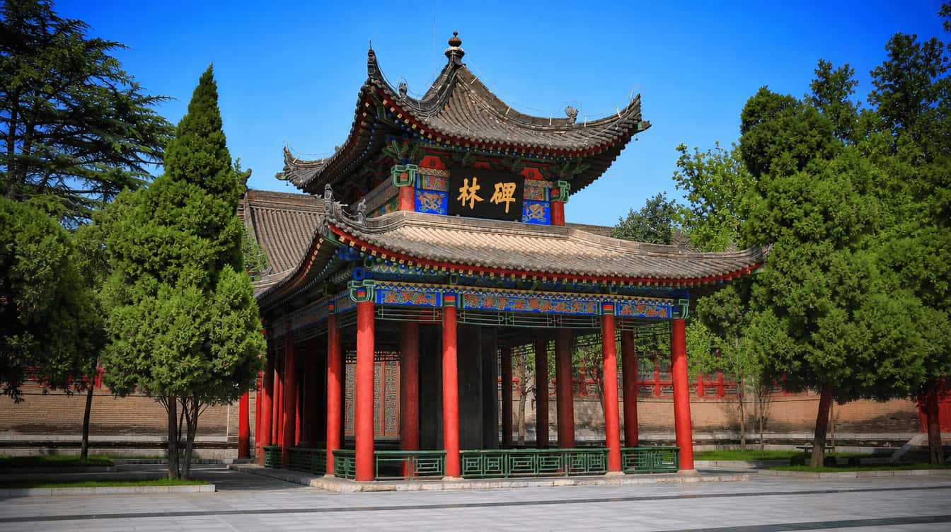 The red-pillared pavilion gate of the Forest of Steles museum, Xi'an