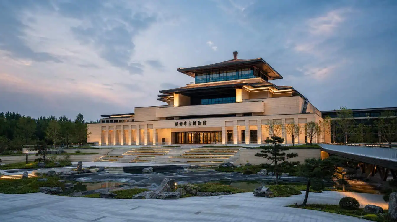 Tilted glass and stone volumes of the Shaanxi Archaeology Museum over its reflecting pool