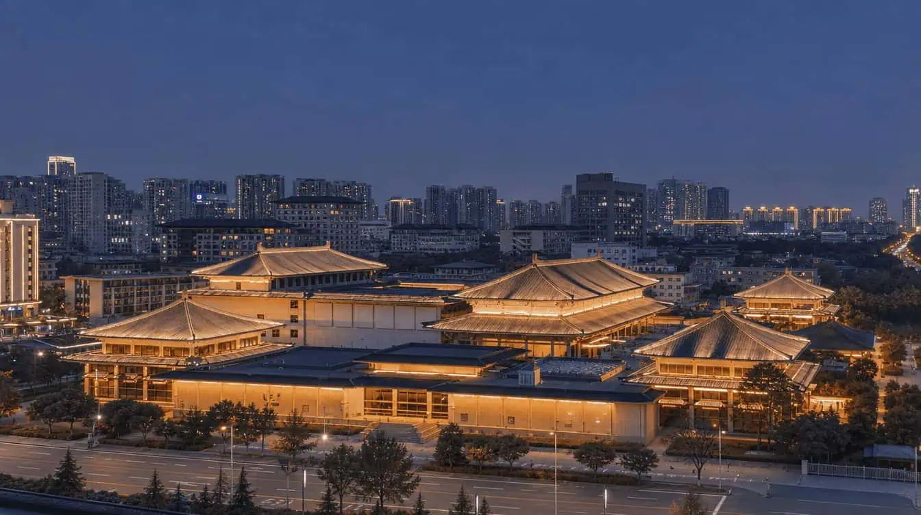 The Tang-style halls of the Shaanxi History Museum glowing at dusk